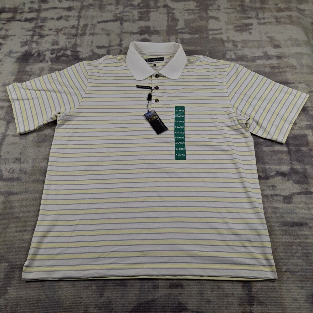 Pebble Beach Performance Polo Shirt Mens XL NWT Pima Blend Striped Golf White